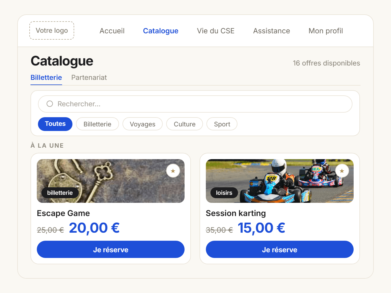 Aperçu de l’espace salariés avec offres, partenaires et événements du CSE